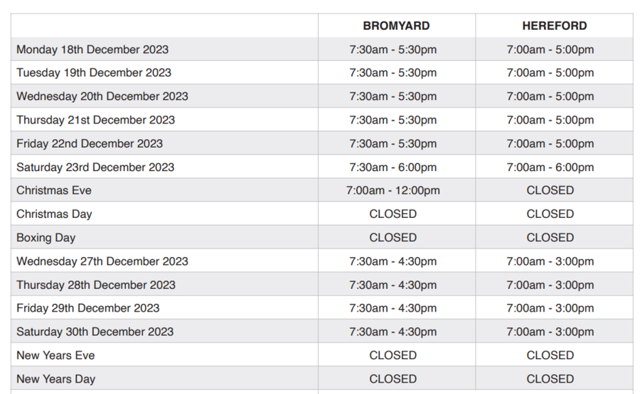 Christmas opening hours 2023