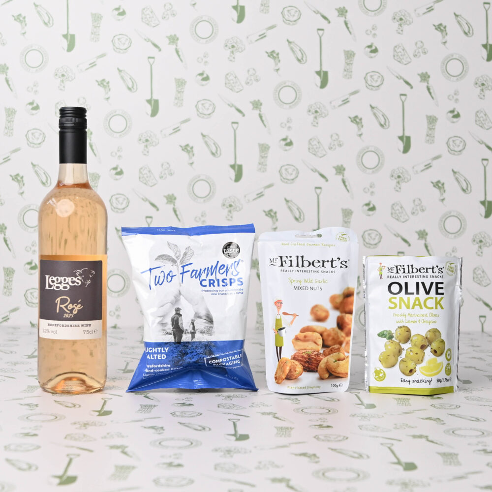 English rosé wine hamper with nibbles