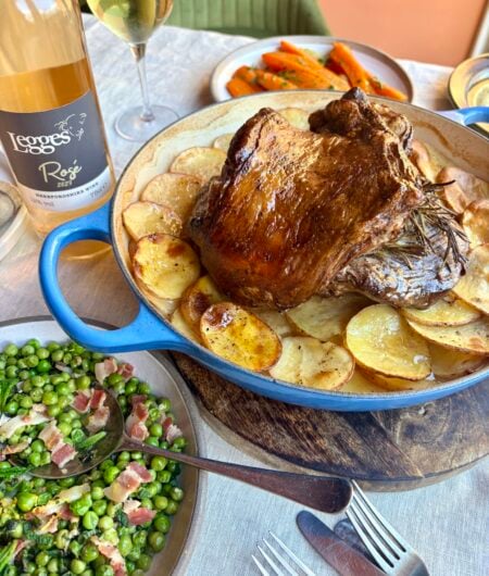 Herefordshire roasted lamb leg accompanied by fresh, seasonal vegetables