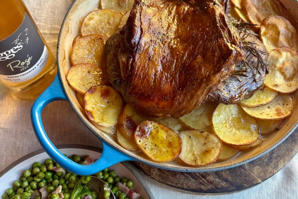 Herefordshire roasted lamb leg accompanied by fresh, seasonal vegetables