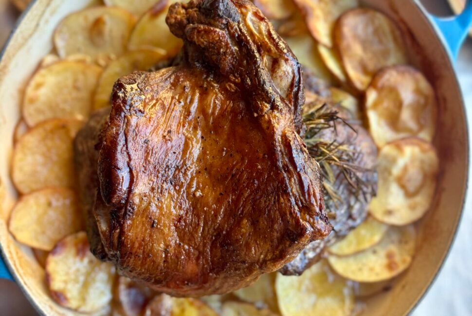 Herefordshire roasted lamb leg accompanied by fresh, seasonal vegetables
