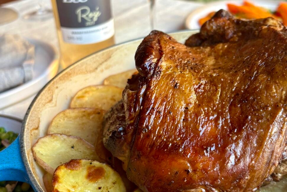 Herefordshire roasted lamb leg accompanied by fresh, seasonal vegetables