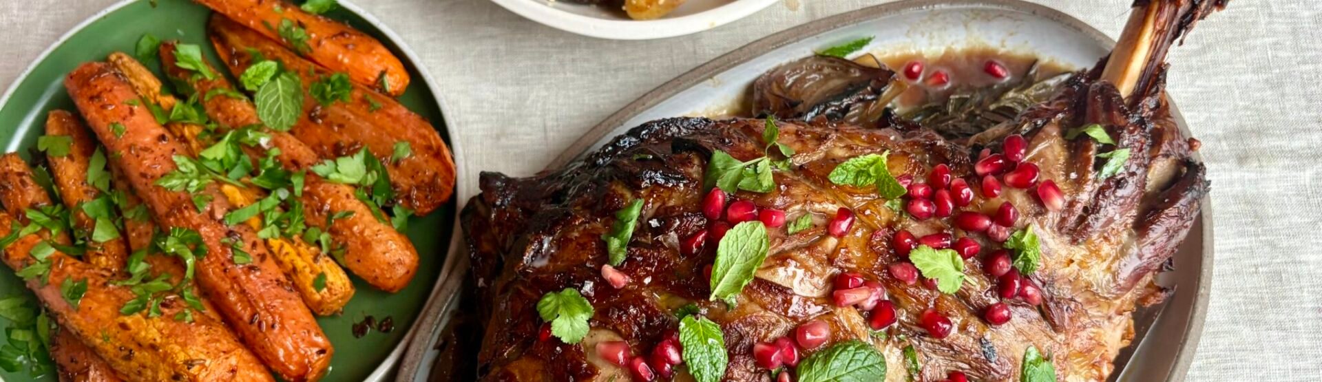 Balsamic glazed lamb shoulder with roast cumin carrots and tahini roasties