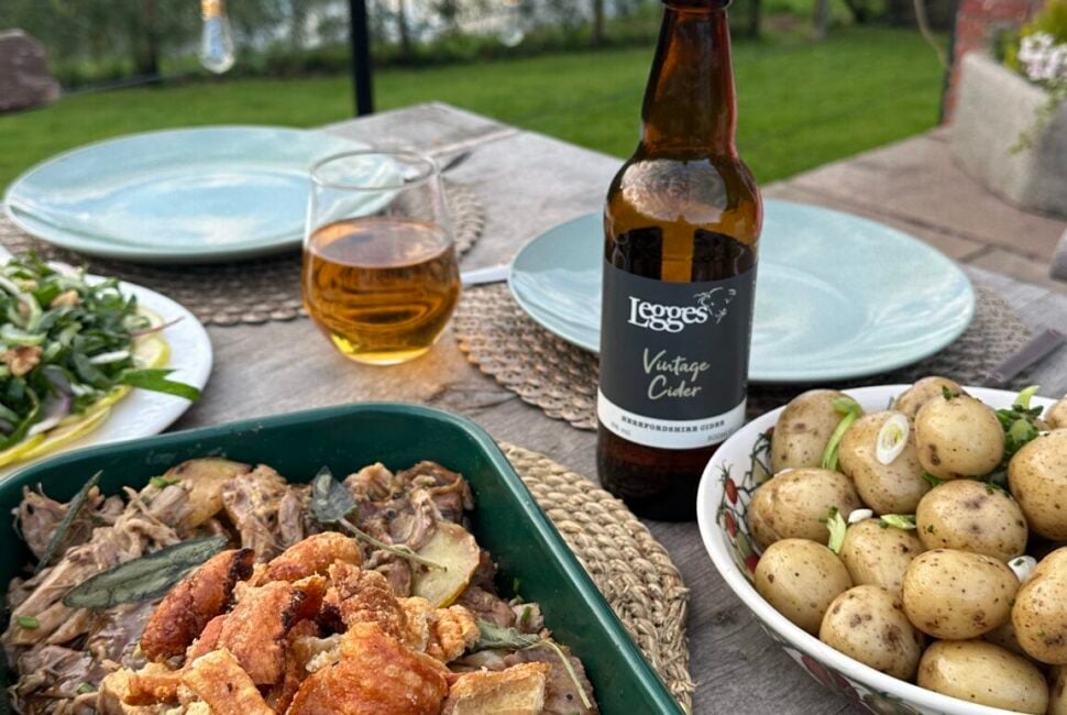 Slow roast pork shoulder with apple and cider gravy