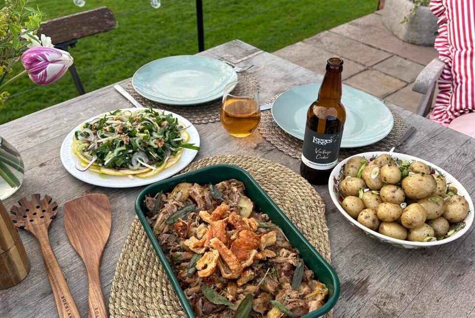 Slow roast pork shoulder with apple and cider gravy