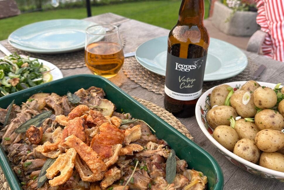 Slow roast pork shoulder with apple and cider gravy