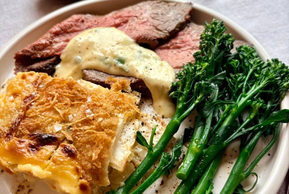 Mustard crusted beef topside with horseradish bearnaise and a celeriac dauphinoise