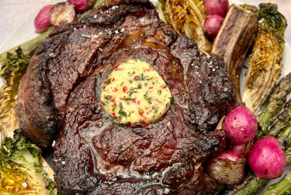 BBQ Tomahawk with tarragon and pink peppercorn butter